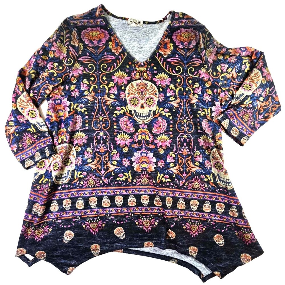 One World Women’s XL Floral Rhinestone Skull Embellished Tunic Top Whimsy Artsy